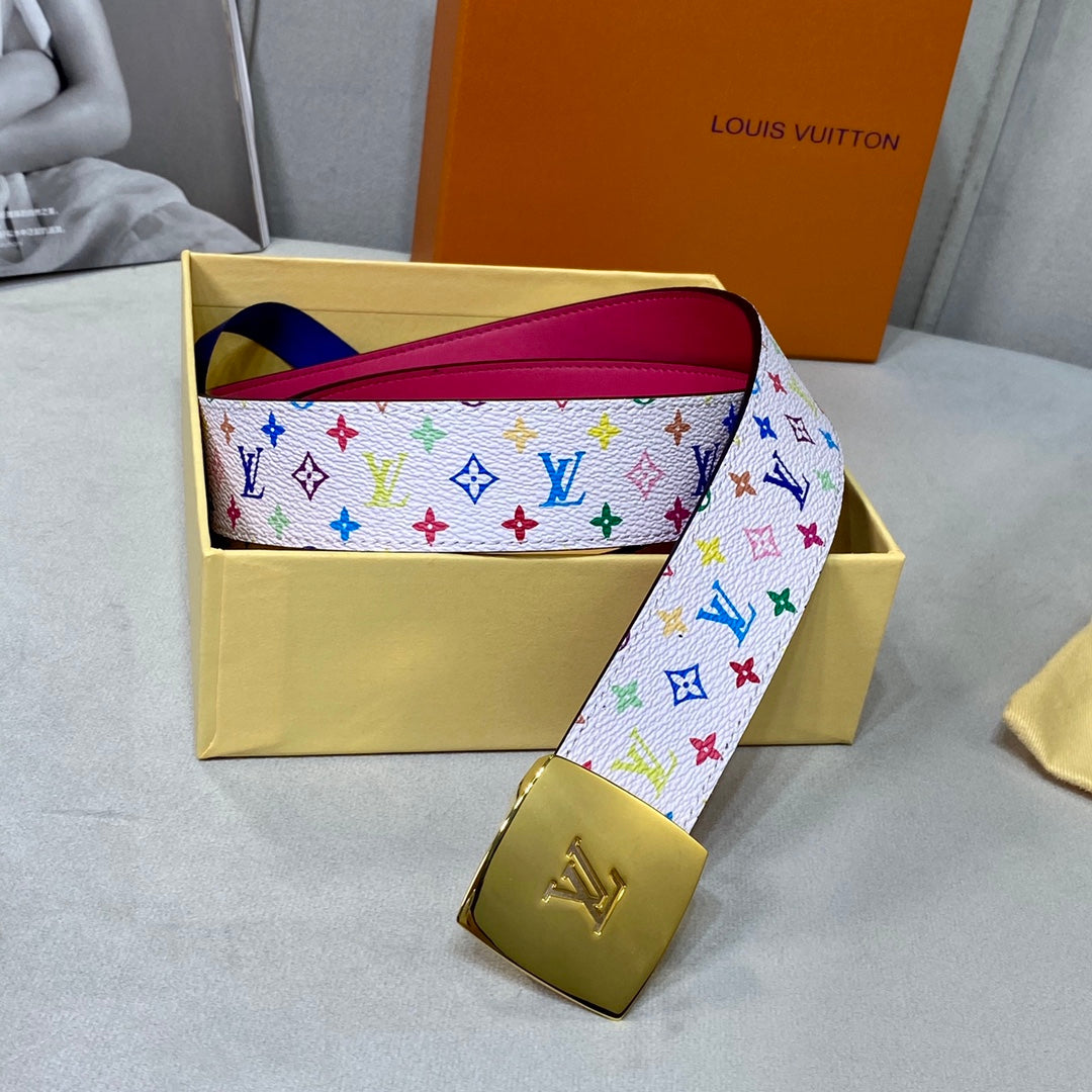 Alternative view of LV 35 MM BELT MULTICOLOR WHITE MIX LIGHT PINK MONOGRAM CALFSKIN GOLD HARDWARE