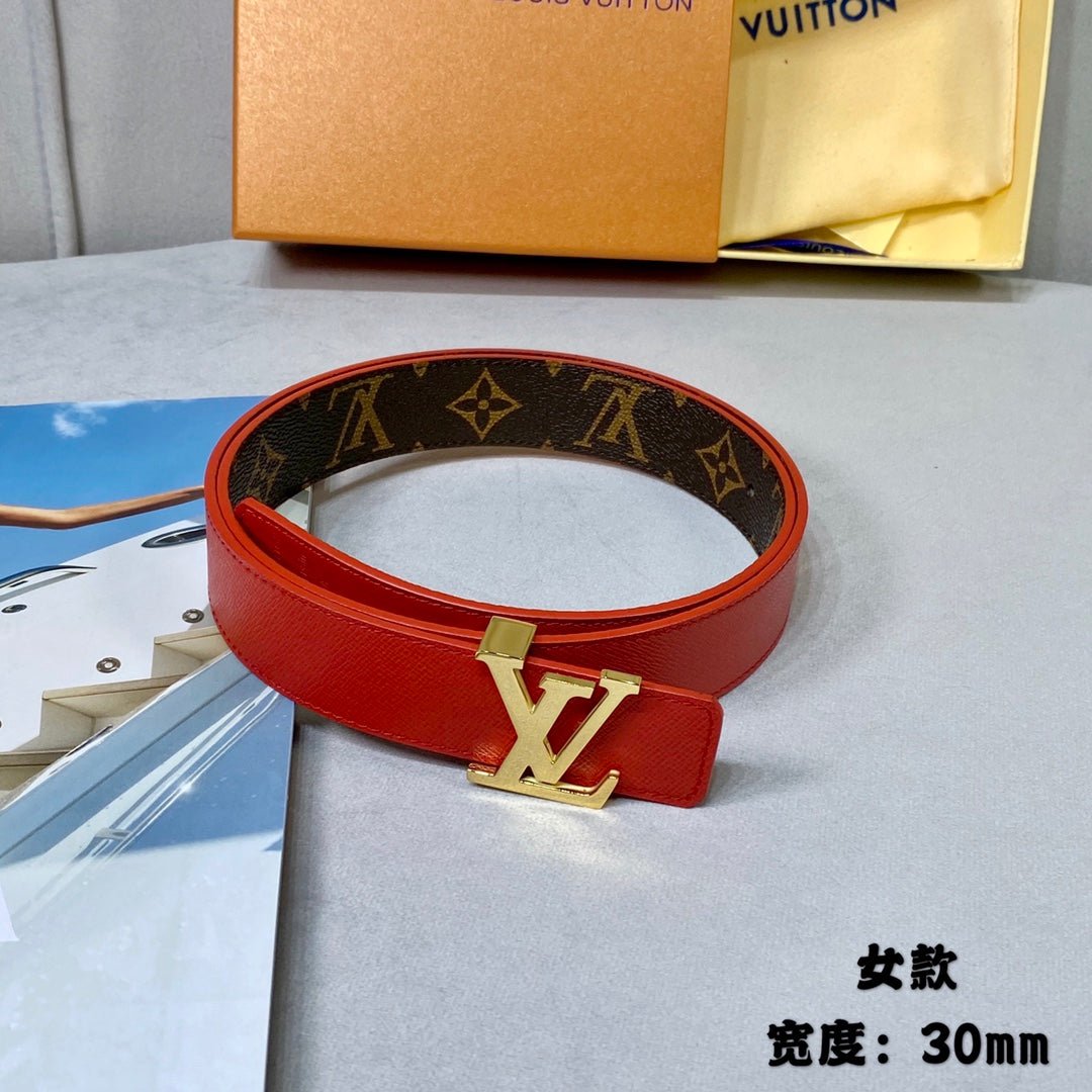 Alternative view of LV INITIALES 30 MM REVERSIBLE BELT IN BROWN MONOGRAM AND CHERRY RED CALFSKIN GOLD HARDWARE