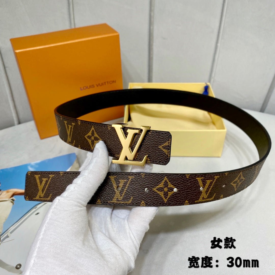 Alternative view of LV INITIALES 30 MM REVERSIBLE BELT IN BROWN MONOGRAM AND BLACK CALFSKIN GOLD HARDWARE