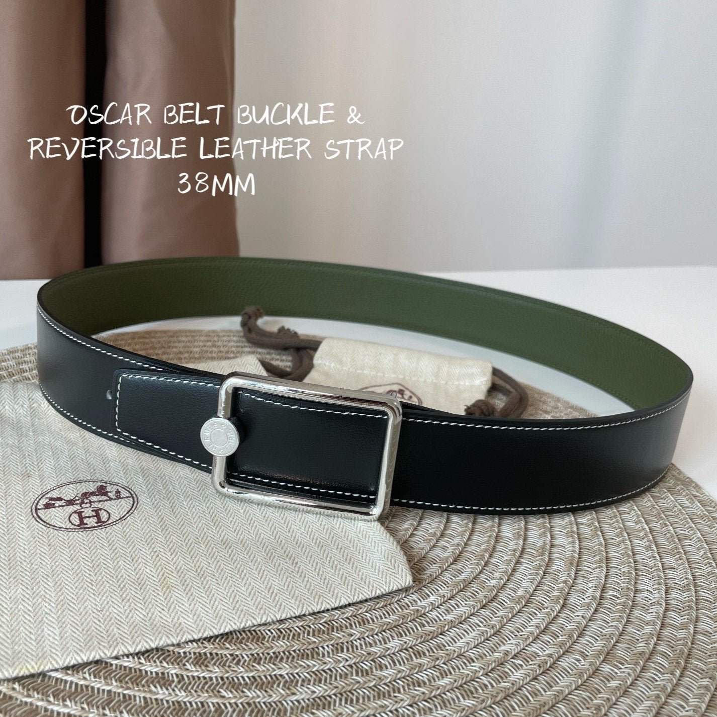 Alternative view of OSCAR BELT BUCKLE & REVERSIBLE OLIVE GREEN AND BLACK LEATHER STRAP 38MM SILVER HARDWARE