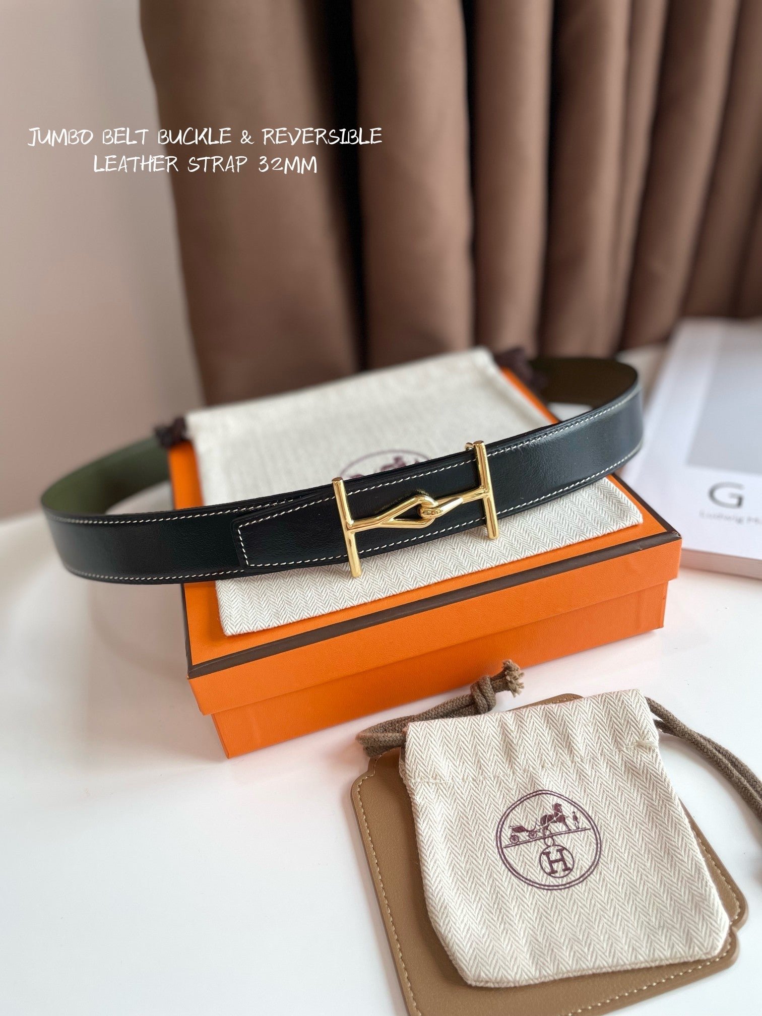 Alternative view of JUMBO BELT GOLD BUCKLE & REVERSIBLE OLIVE GREEN AND BLACK LEATHER STRAP 32MM