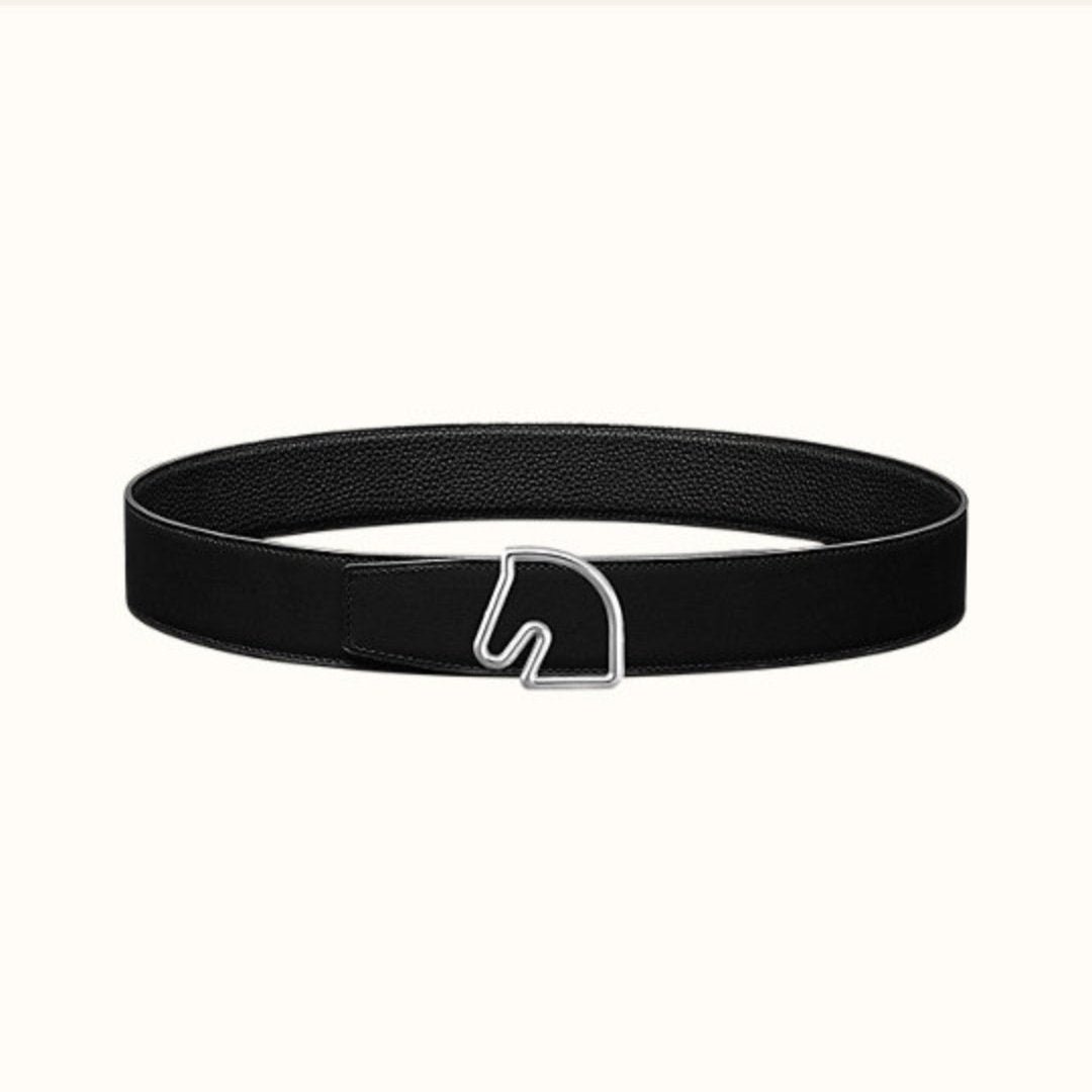 BOUCLE BELT BUCKLE & REVERSIBLE BLACK AND WHITE LEATHER STRAP 38MM SILVER HARDWARE