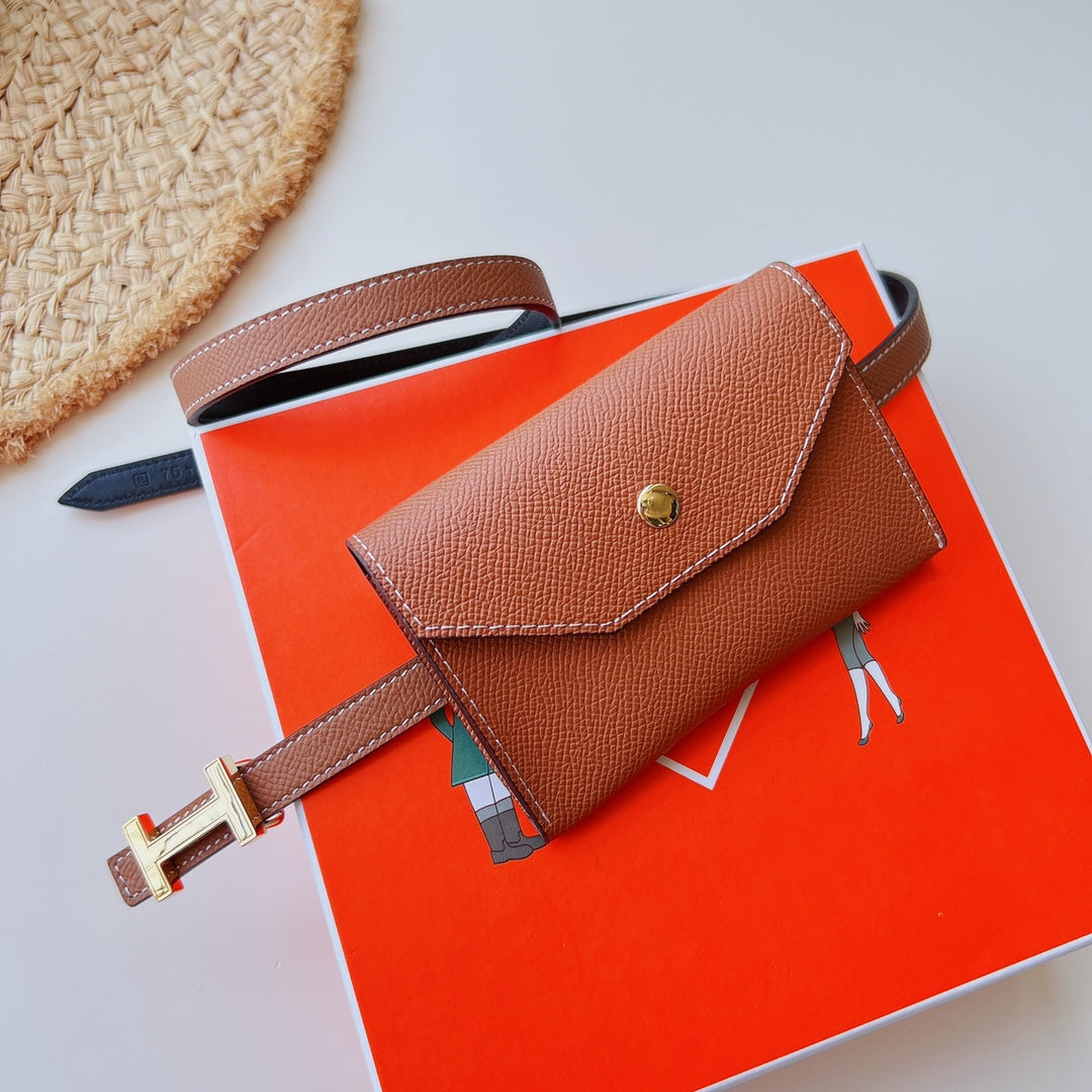Alternative view of focus belt 13mm with kelly pocket brown epsom gold buckle
