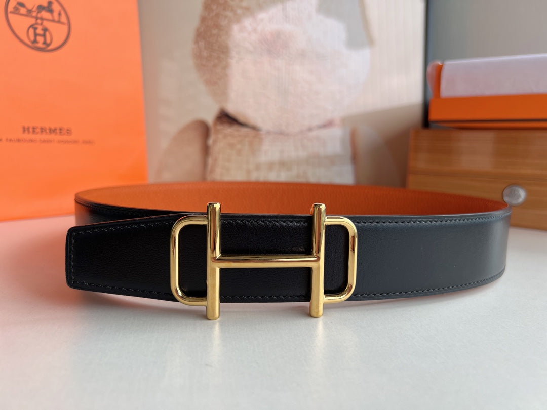 Alternative view of HM ROYAL BELT BUCKLE & REVERSIBLE NOIR AND ORANGE LEATHER STRAP 32 MM GOLD HARDWARE