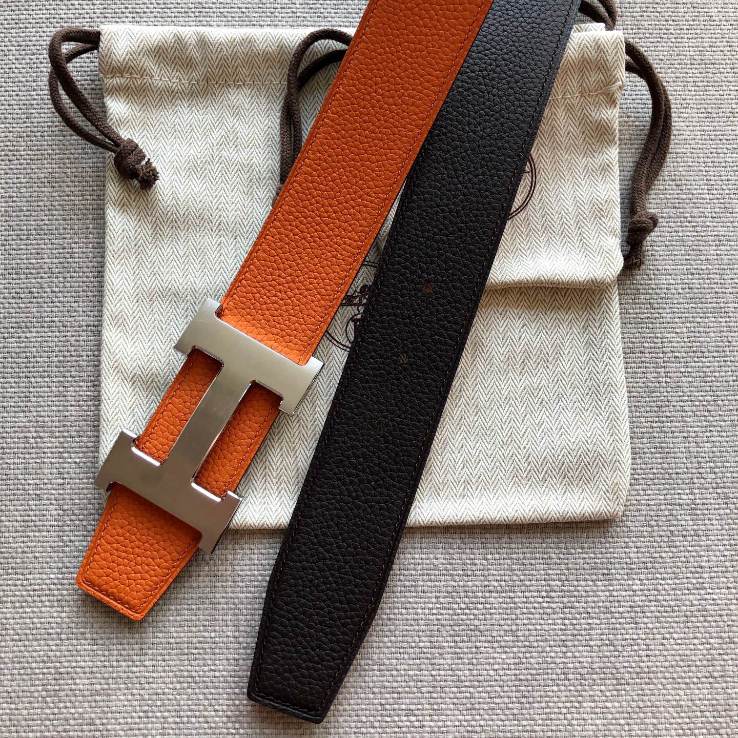 Alternative view of HM BELT BUCKLE & REVERSIBLE BLACK AND ORANGE LEATHER STRAP 38MM SILVER HARDWARE