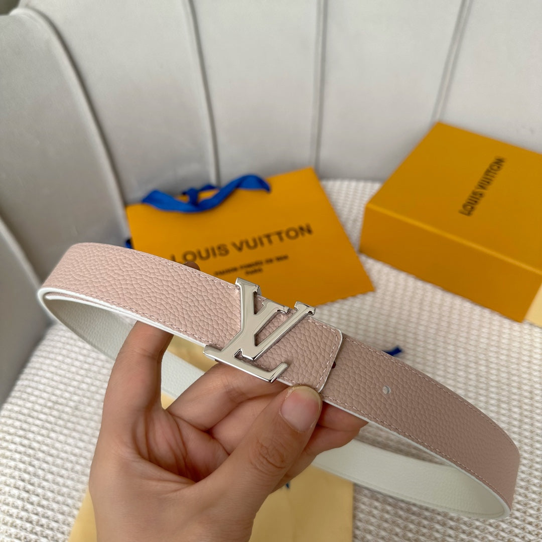 Alternative view of LV Initiales 30mm Reversible Belt Silver Buckle Pink White Leather