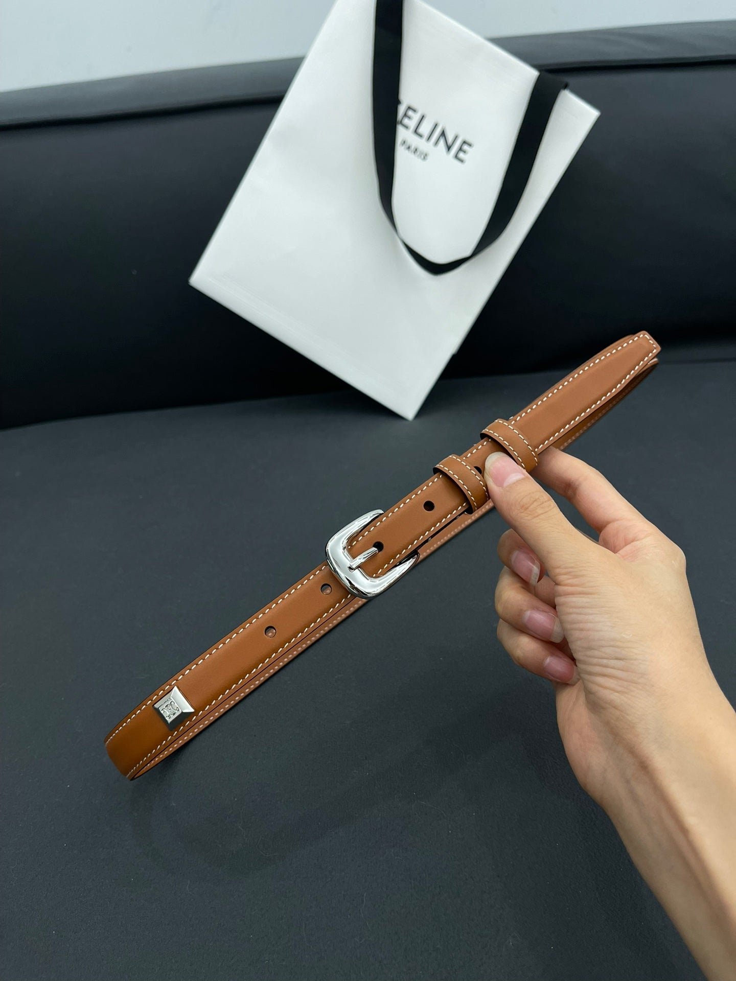 CELINE Tan Studded Silver Belt - Image 5