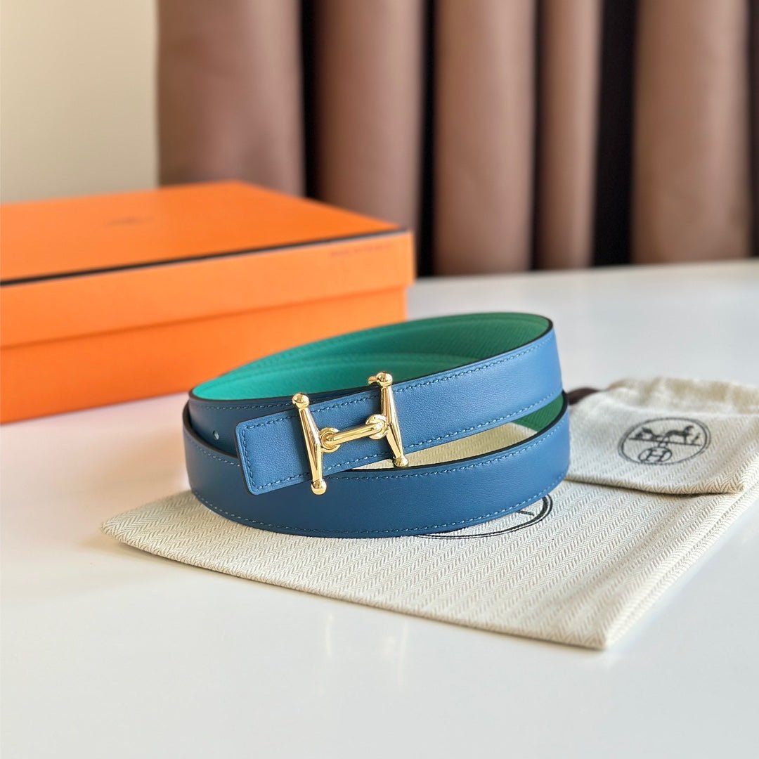 Alternative view of HM Gold Mors H buckle & Reversible 24 mm belt Blue Green leather 125357