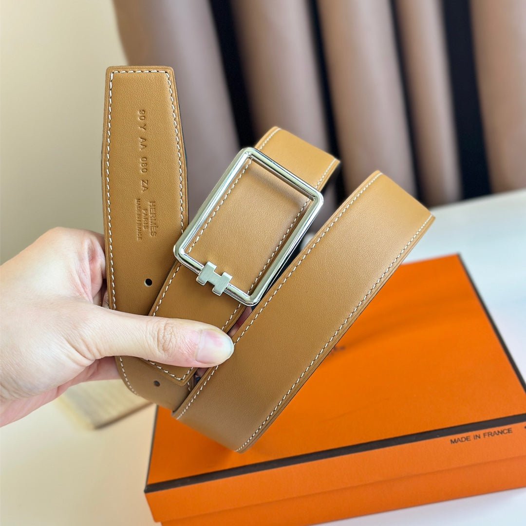 TUBE H BELT BUCKLE & REVERSIBLE PASTEL ORANGE AND BLACK LEATHER STRAP 38MM SILVER HARDWARE - Image 4