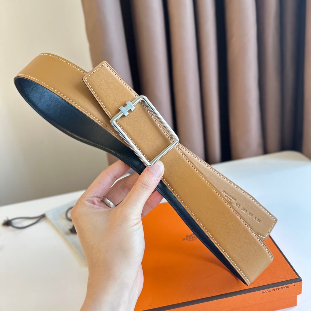 TUBE H BELT BUCKLE & REVERSIBLE PASTEL ORANGE AND BLACK LEATHER STRAP 38MM SILVER HARDWARE - Image 5