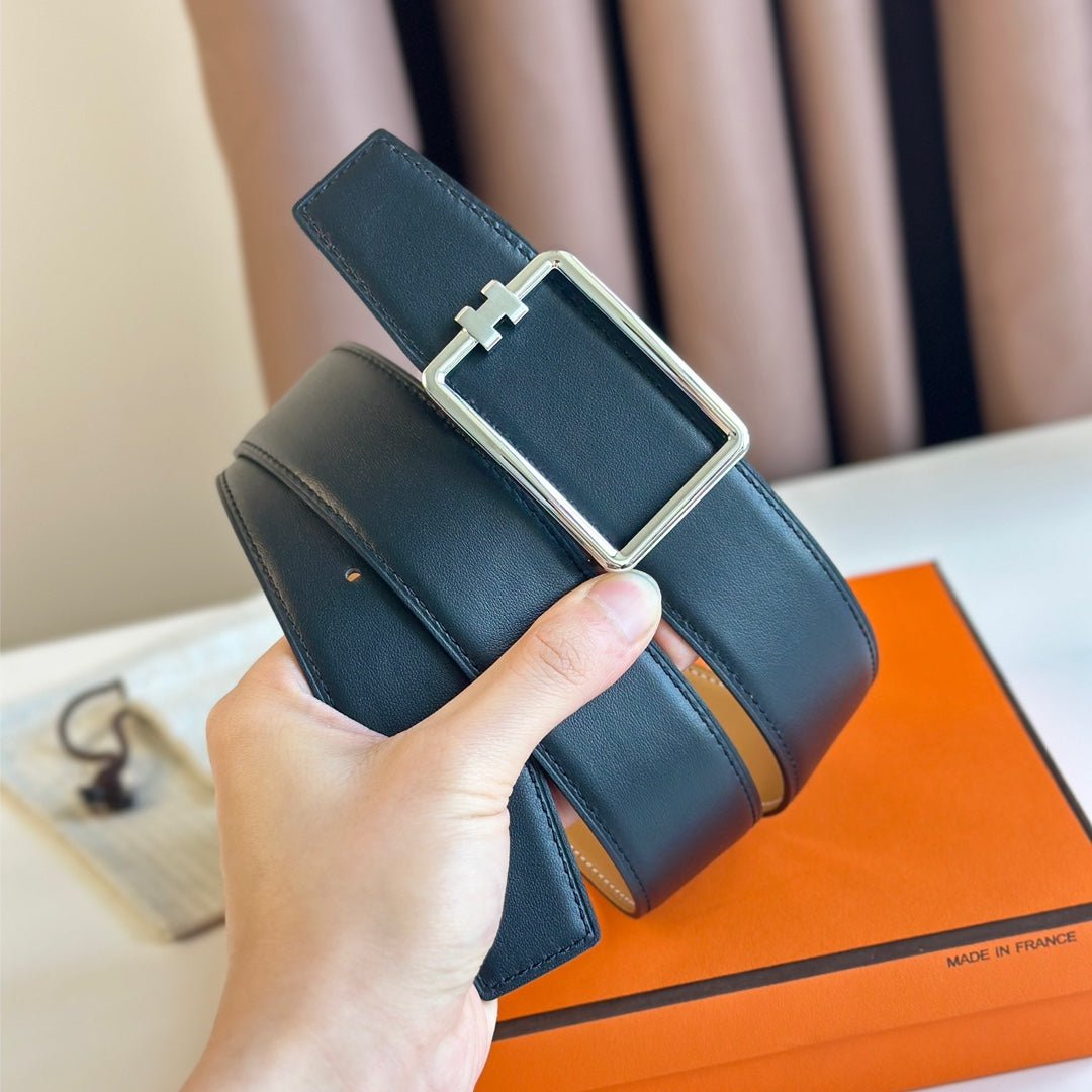 TUBE H BELT BUCKLE & REVERSIBLE PASTEL ORANGE AND BLACK LEATHER STRAP 38MM SILVER HARDWARE - Image 6