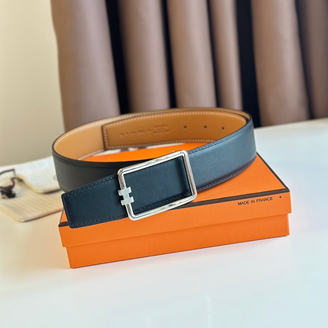 TUBE H BELT BUCKLE & REVERSIBLE PASTEL ORANGE AND BLACK LEATHER STRAP 38MM SILVER HARDWARE - Image 3