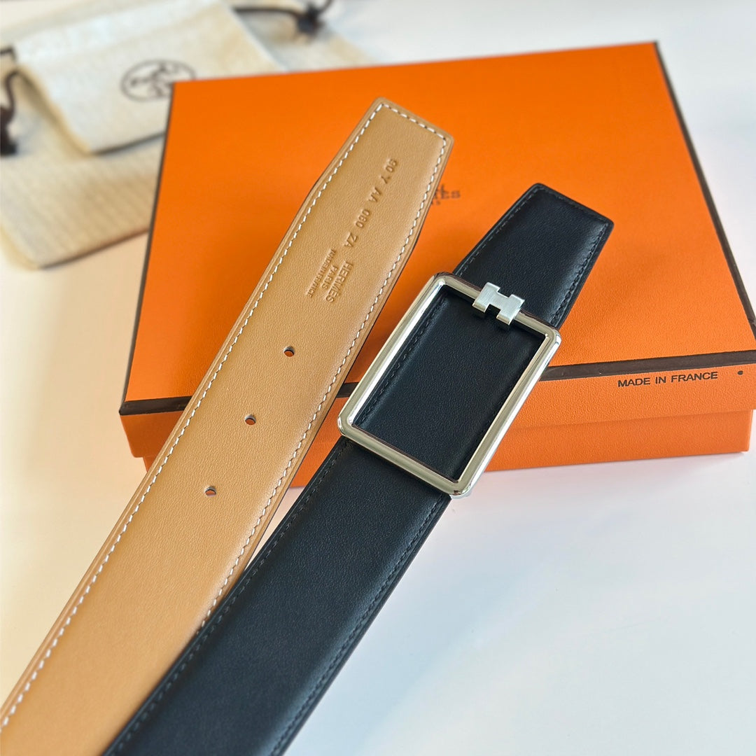 TUBE H BELT BUCKLE & REVERSIBLE PASTEL ORANGE AND BLACK LEATHER STRAP 38MM SILVER HARDWARE - Image 7