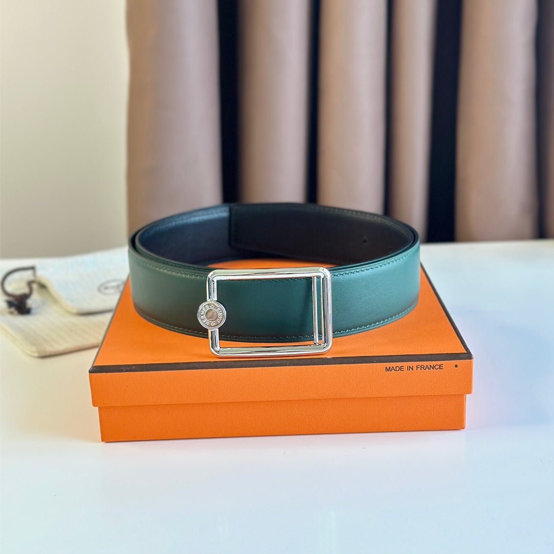 Alternative view of TUBE H BELT BUCKLE & REVERSIBLE TEAL GREEN AND BLACK LEATHER STRAP 38MM SILVER HARDWARE