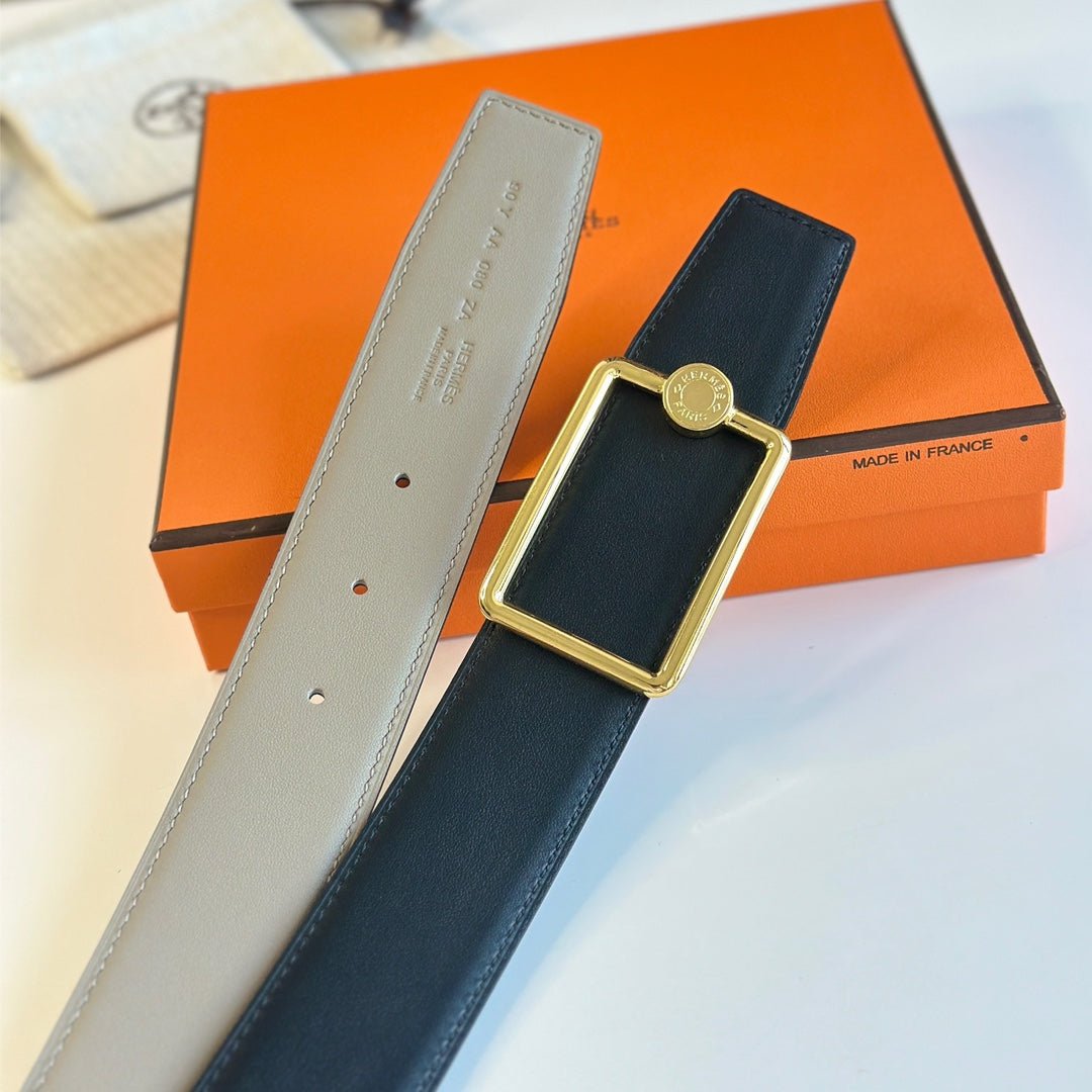 TUBE H BELT BUCKLE & REVERSIBLE KHAKI BROWN AND BLACK LEATHER STRAP 38MM GOLD HARDWARE - Image 6