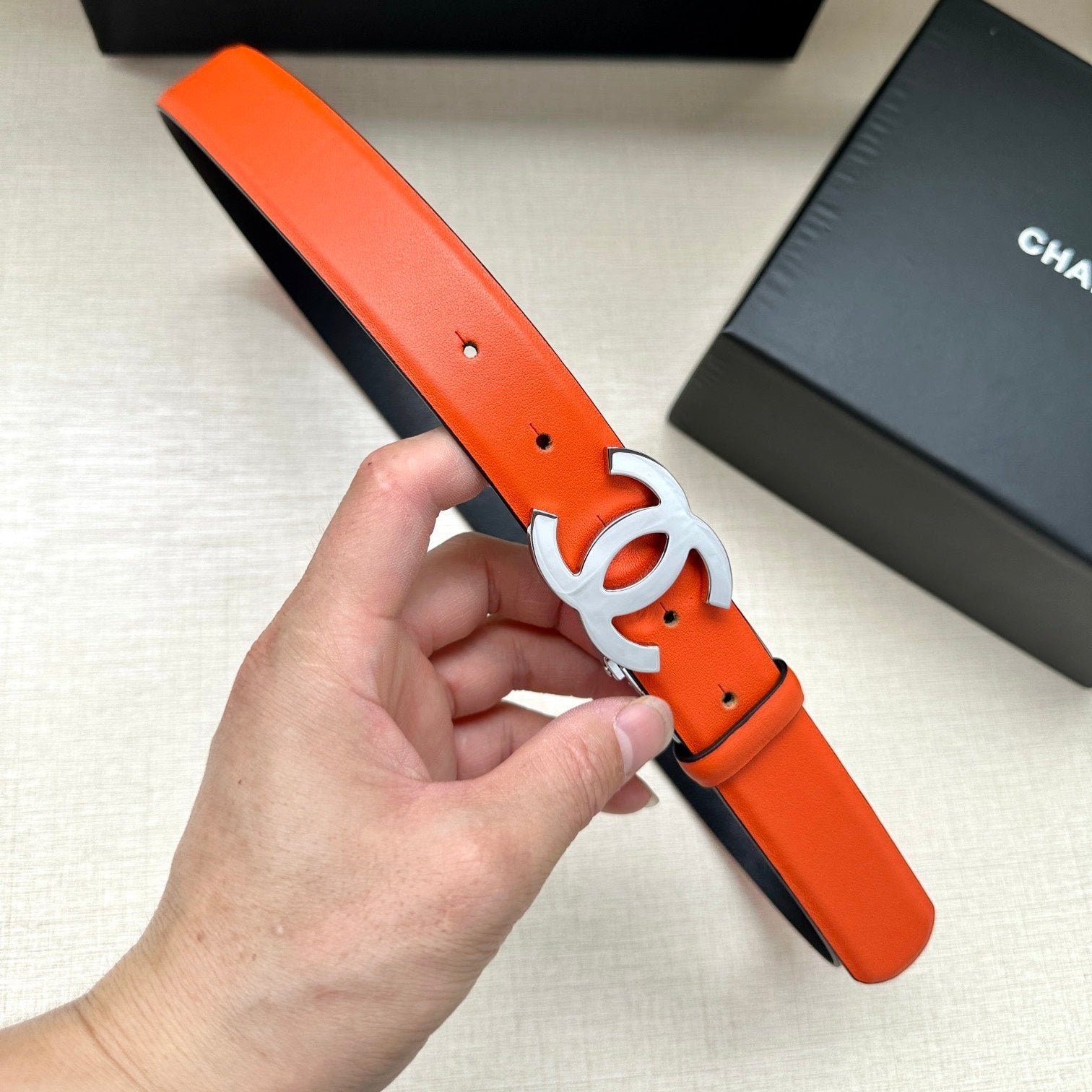 Chanel Orange Silver Logo Belt