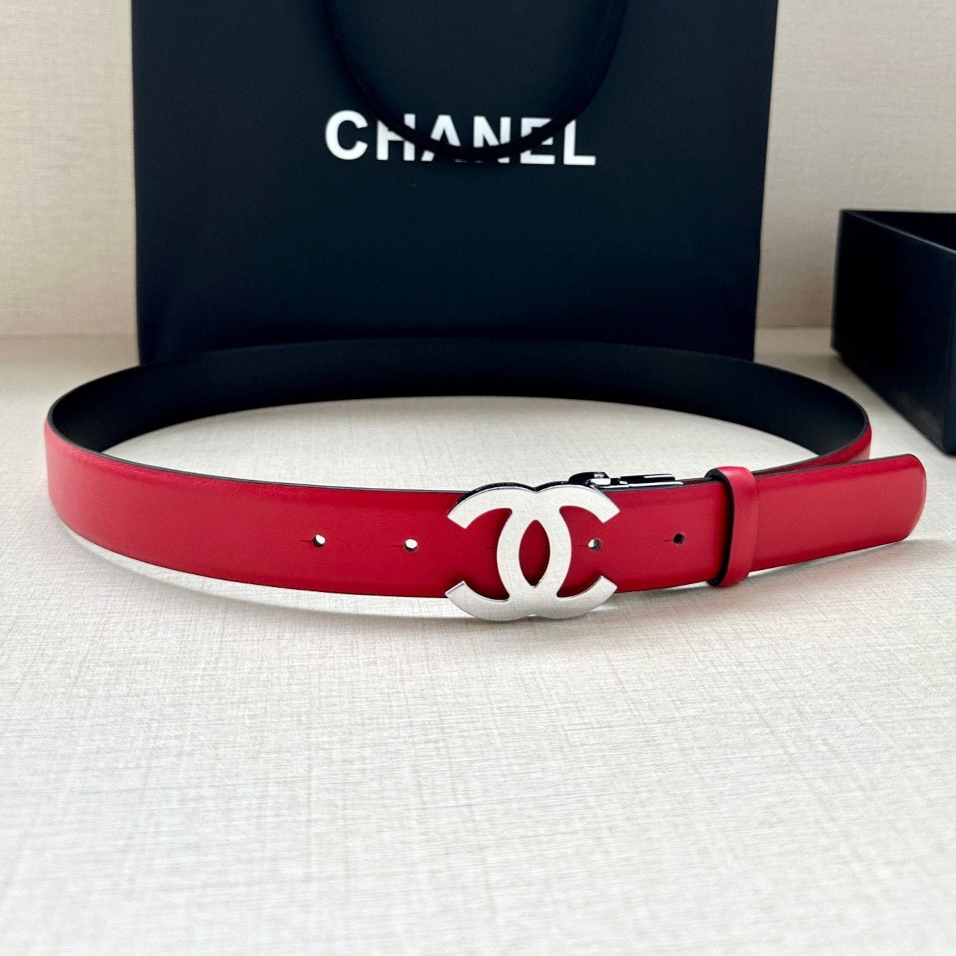 Chanel Red Silver Buckle Belt