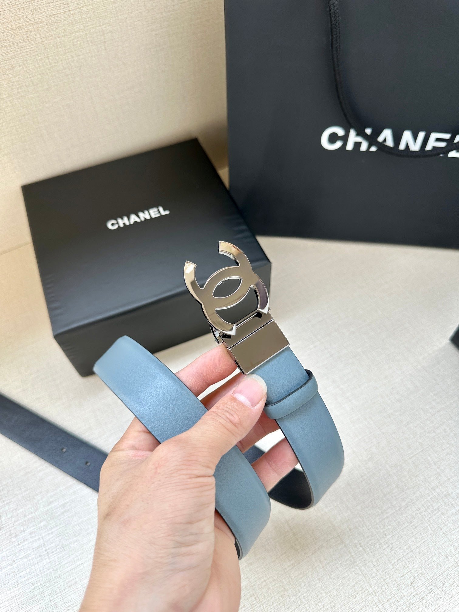 Chanel Blue Silver Buckle Belt - Image 5