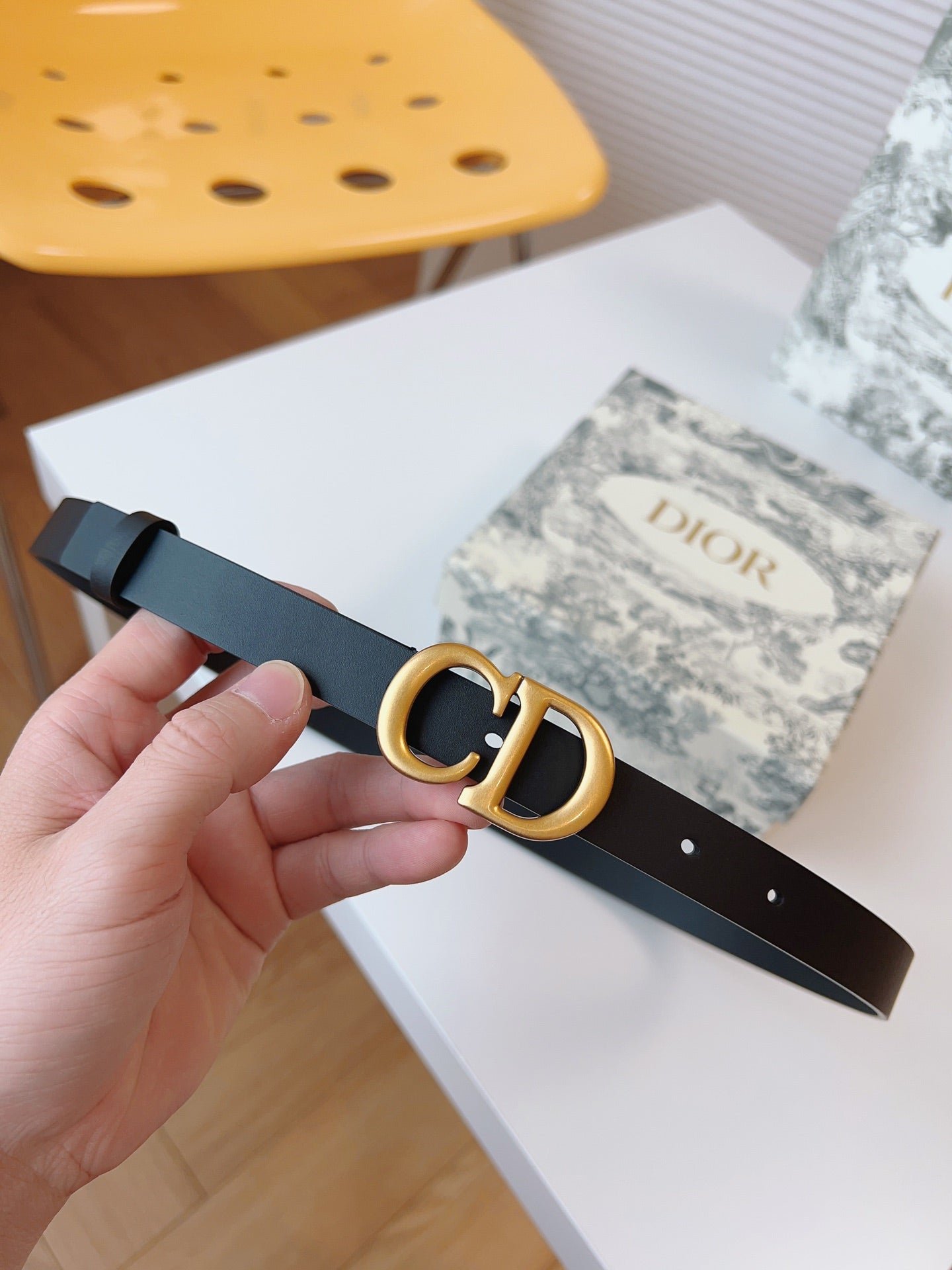 Dior Black Leather Slim Gold CD Belt - Image 3