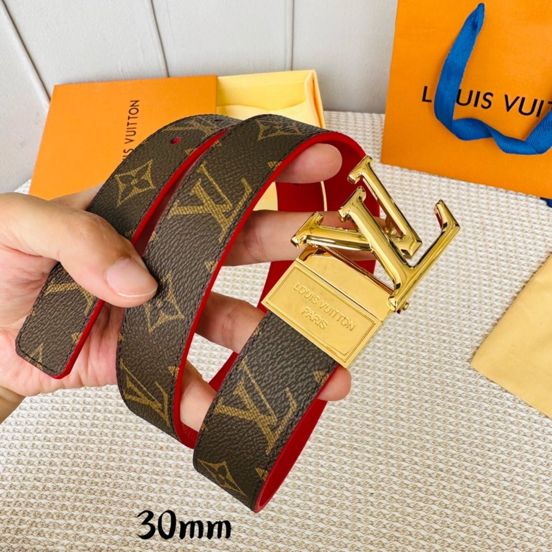 Alternative view of LV Initiales 30mm Reversible Belt Gold Rotating Buckle Red Brown Leather