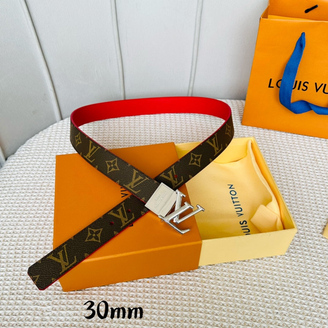 Alternative view of LV Initiales 30mm Reversible Belt Silver Rotating Buckle Red Brown Leather