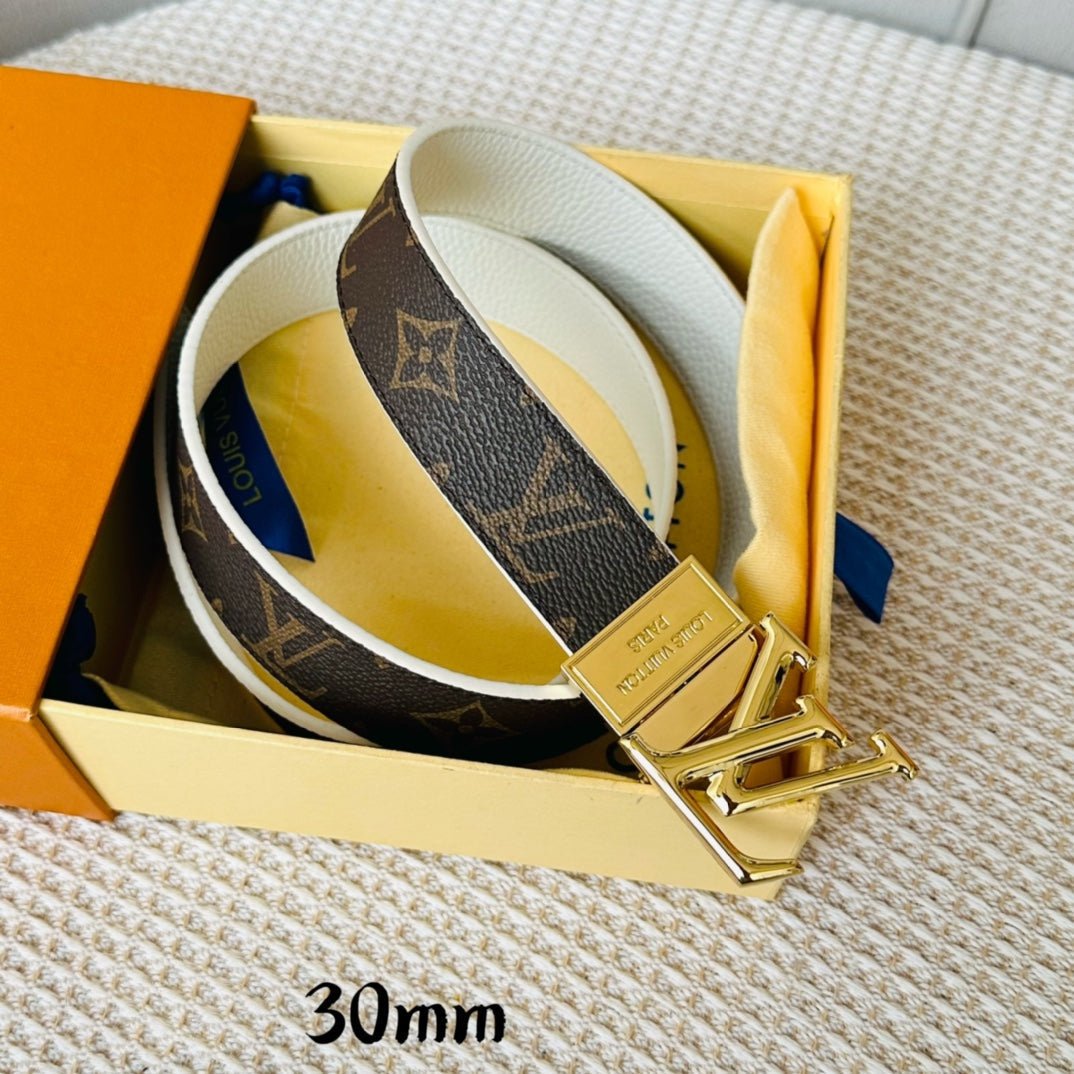 Alternative view of LV Initiales 30mm Reversible Belt Gold Rotating Buckle White Brown Leather