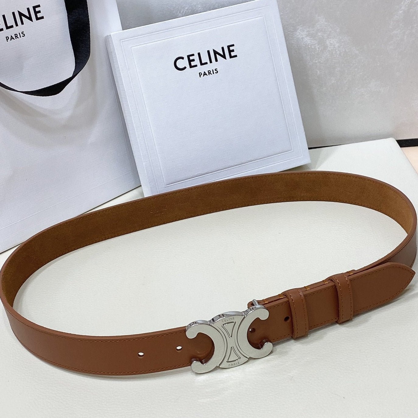 CELINE Tan Silver Triomphe Belt