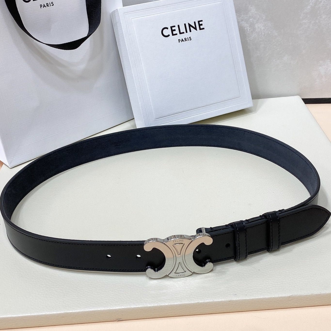 CELINE Black Silver Triomphe Belt
