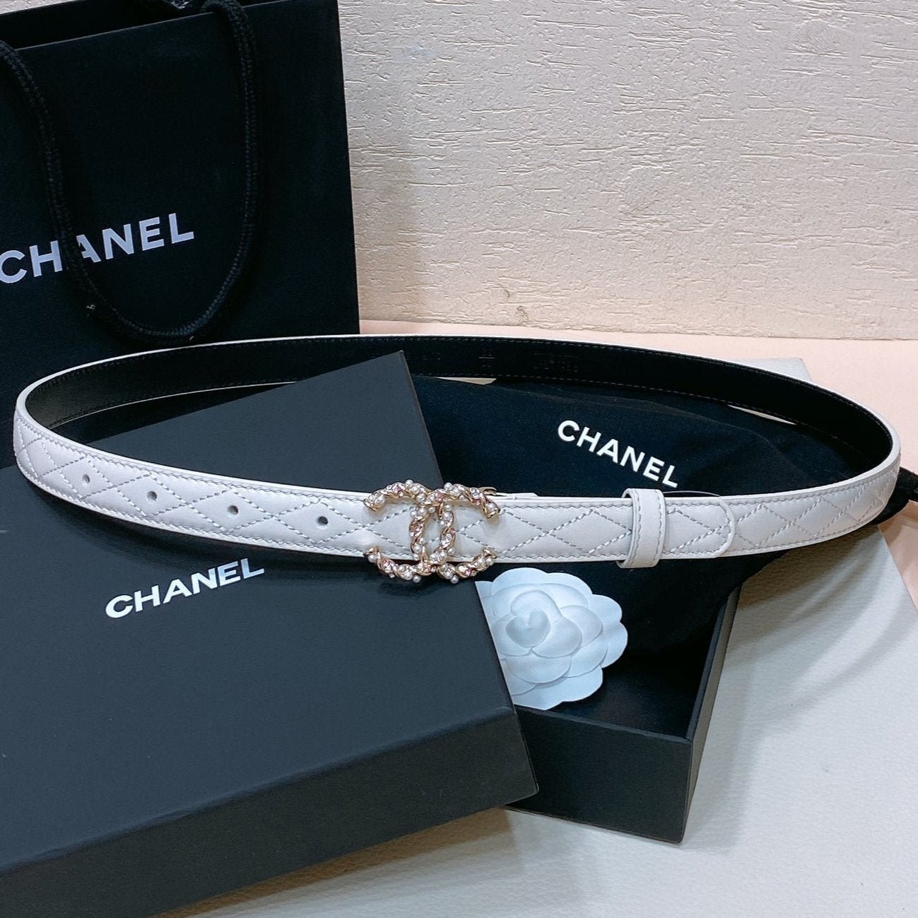 Chanel White Quilted Crystal Belt