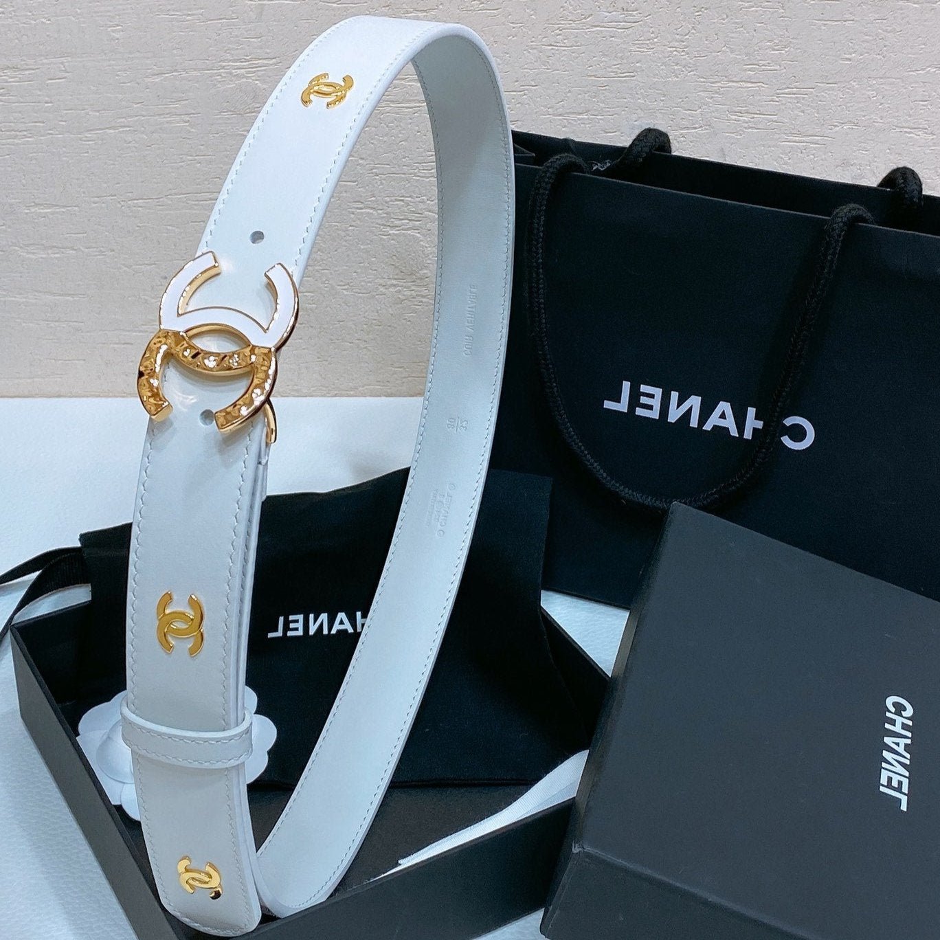 Chanel Logo Print White Belt