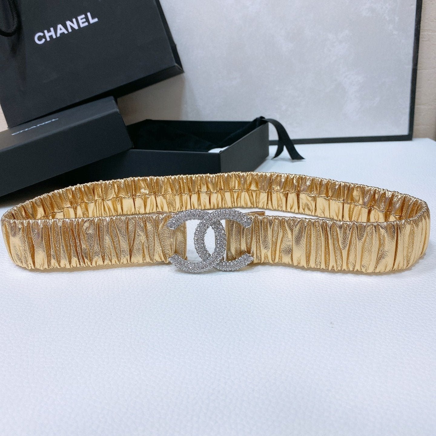 Chanel Gold Ruched Crystal Belt