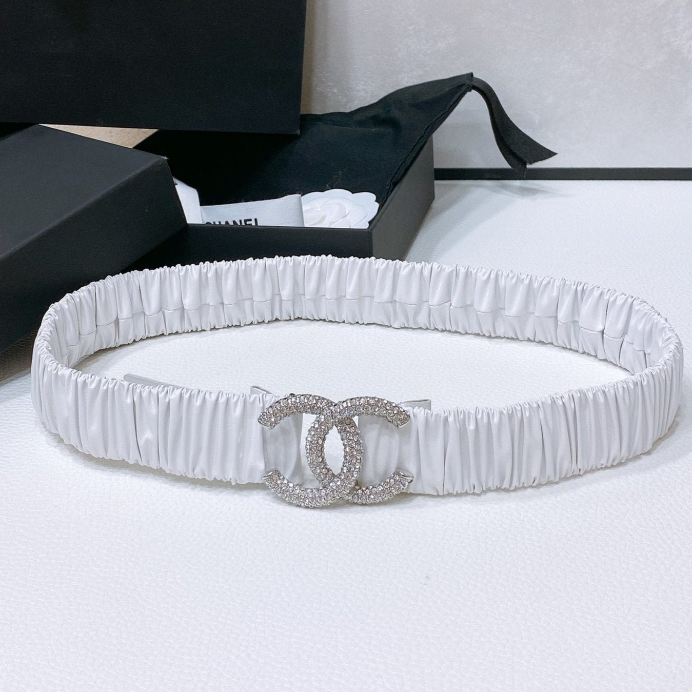 Chanel White Ruched Silver Belt