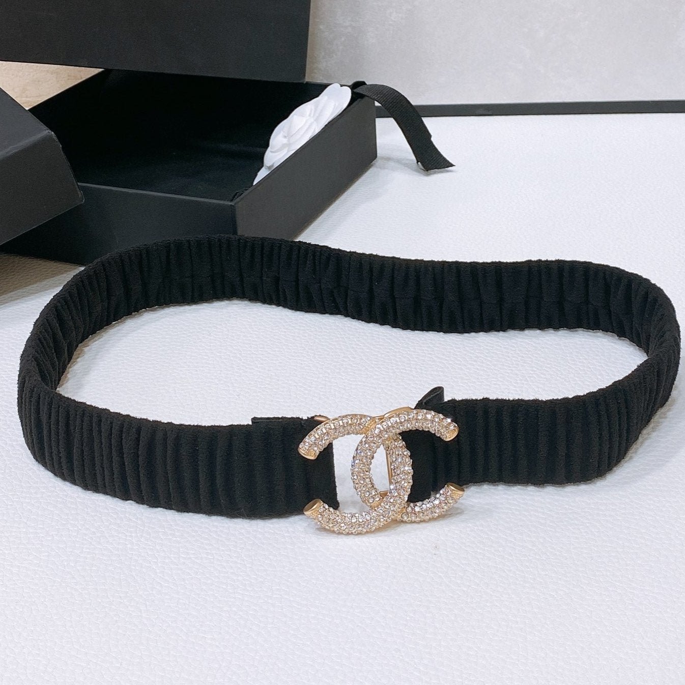 Chanel Black Ruched Gold Belt