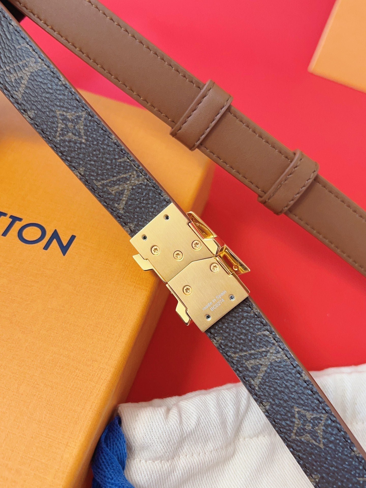 LV GO-14 20MM BELT IN BRONZE BROWN CALFSKIN GOLD HARDWARE - Image 5