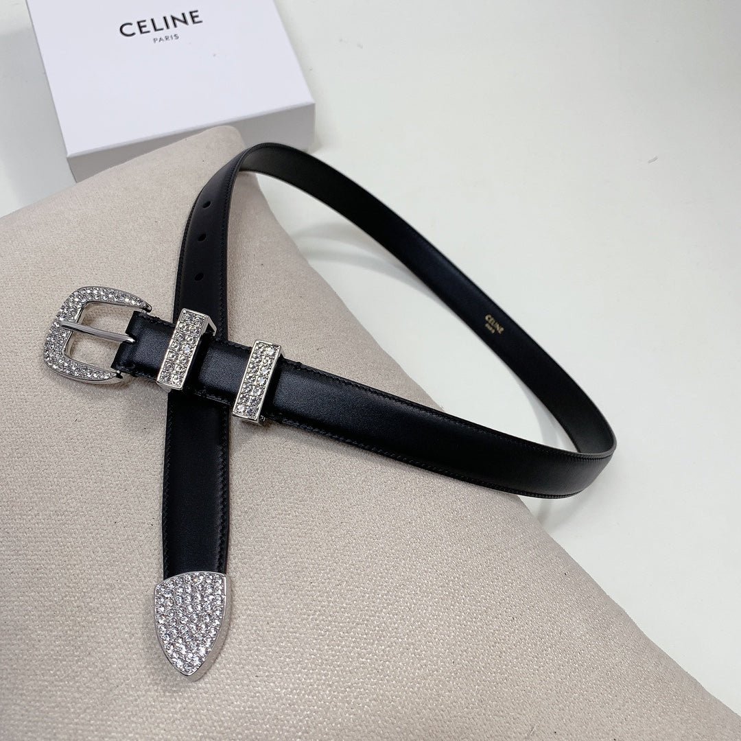 CELINE Tan Crystal Buckle Belt