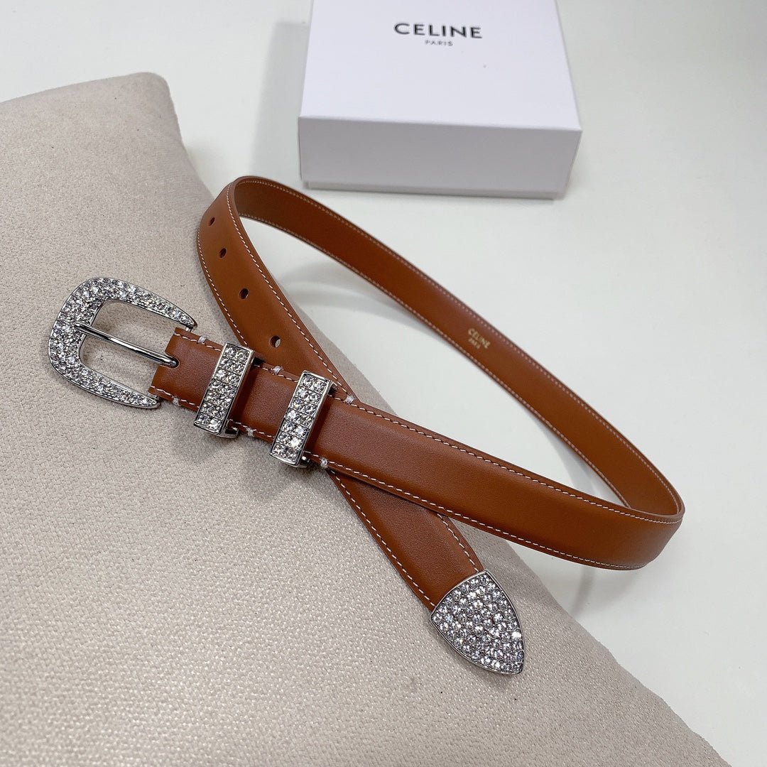 CELINE Grey Crystal Buckle Belt