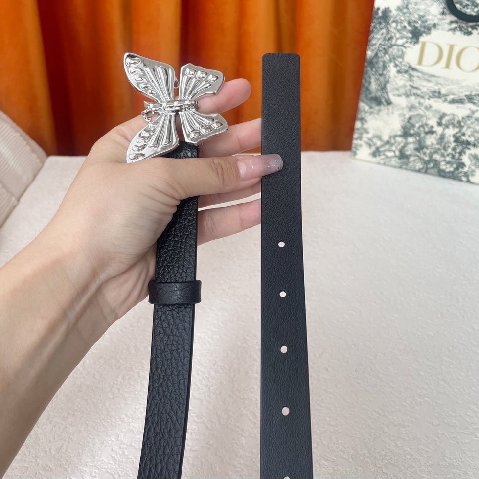 Dior Black Grain Leather Silver Butterfly Decor Belt - Image 3