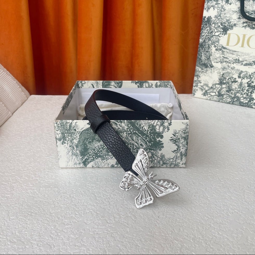 Dior Black Grain Leather Silver Butterfly Decor Belt - Image 4