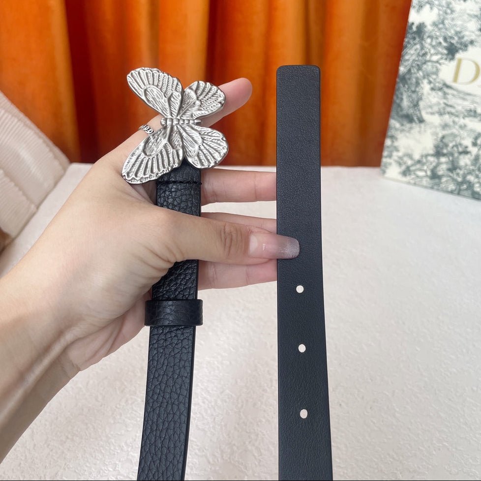 Dior Black Grain Leather Silver Relief Butterfly Belt - Image 3