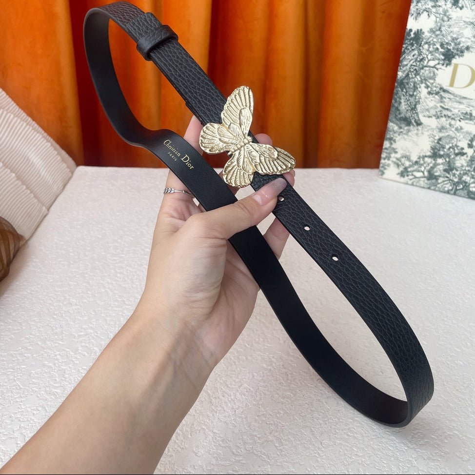 Dior Black Grain Leather Matte Gold Butterfly Belt - Image 3