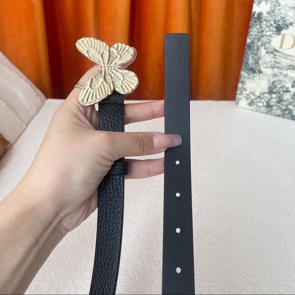 Dior Black Grain Leather Matte Gold Butterfly Belt - Image 4