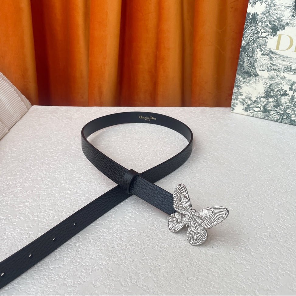Dior Black Grain Leather Silver Relief Butterfly Belt - Image 4