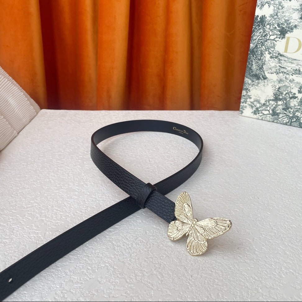 Dior Black Grain Leather Matte Gold Butterfly Belt - Image 6