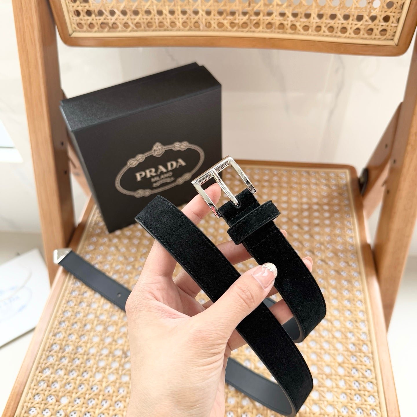 PRADA Black Suede Silver Buckle Belt