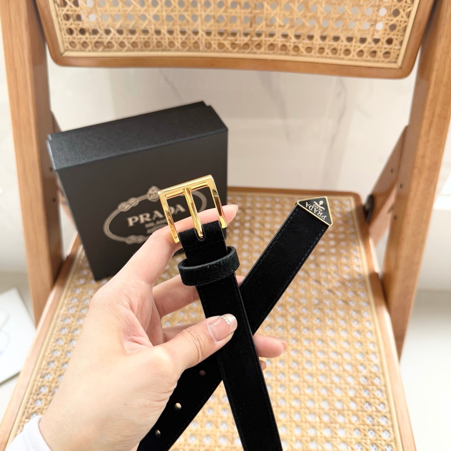 PRADA Black Suede Gold Buckle Belt - Image 3