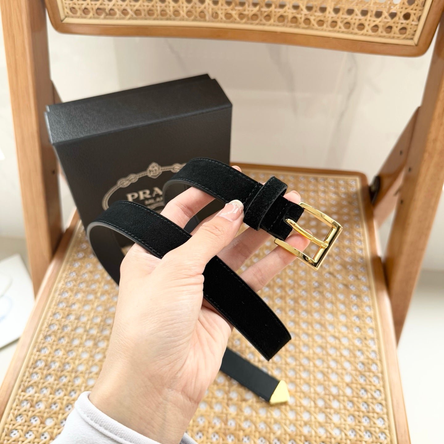 PRADA Black Suede Gold Buckle Belt - Image 4