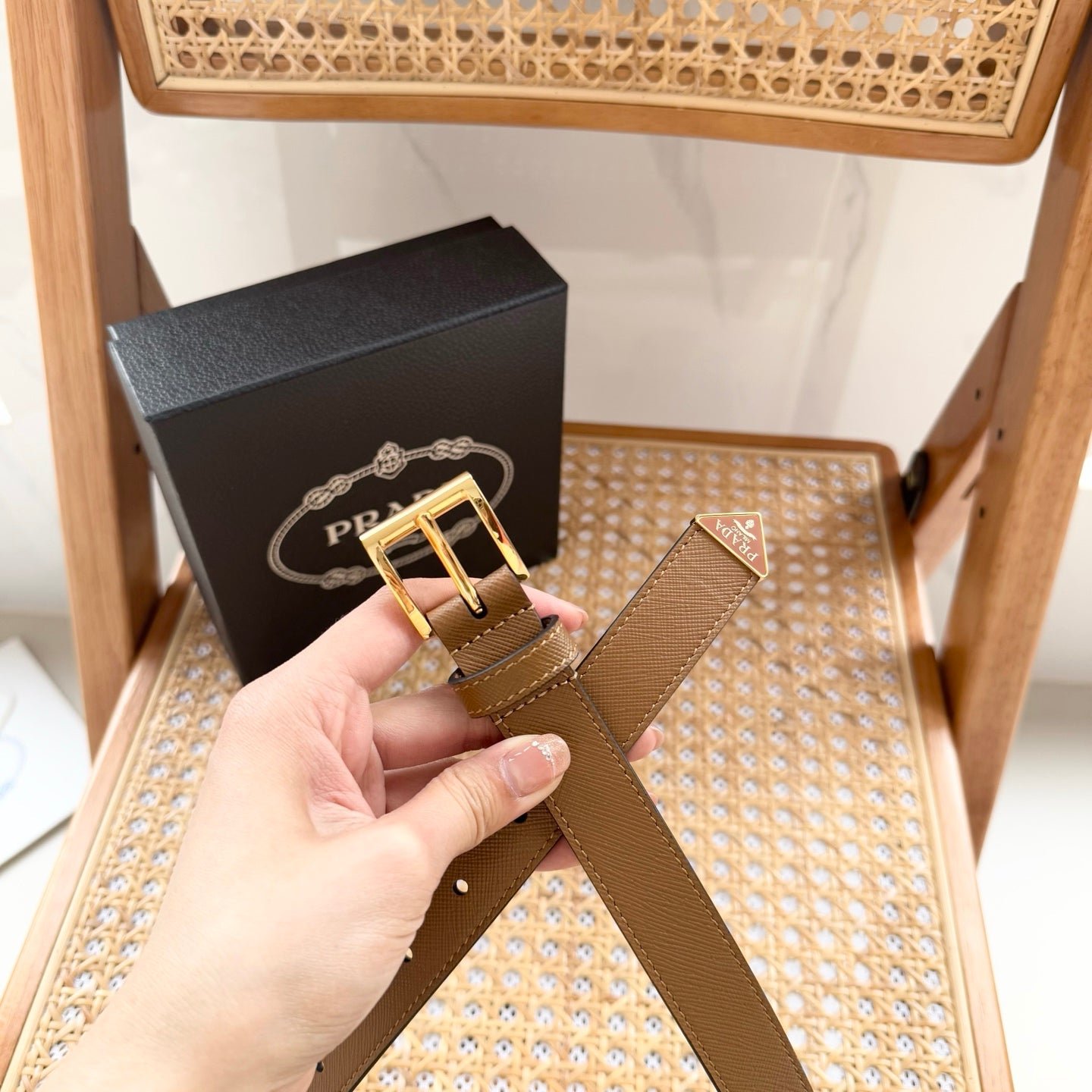 PRADA Beige Gold Buckle Belt - Image 5