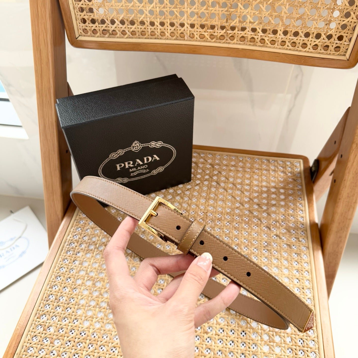 PRADA Beige Gold Buckle Belt
