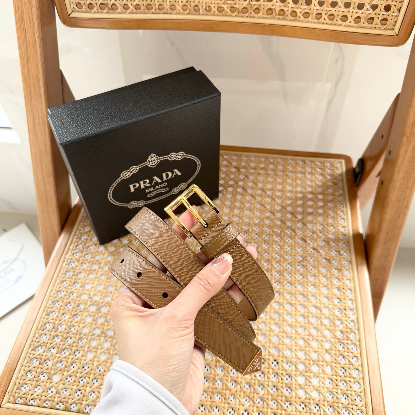 PRADA Beige Gold Buckle Belt - Image 7