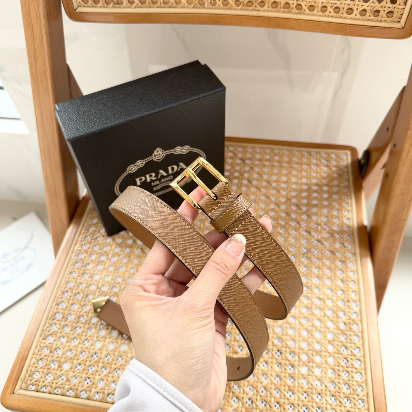 PRADA Beige Gold Buckle Belt - Image 8